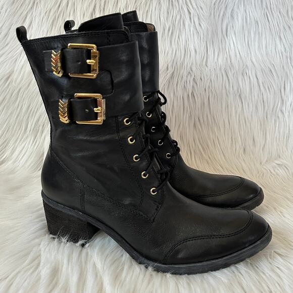 Donald Pliner Danti Combat Boots Leather Lace Up Buckle Zip Block Heeled, Black - Picture 11 of 11